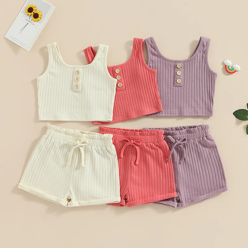 -05-07 Lioraitiin 0-8Years Kid Girls 2Pcs Summer Pants Suit Sleeveless Knitting Vest Tops Solid Drawstring Shorts 250219