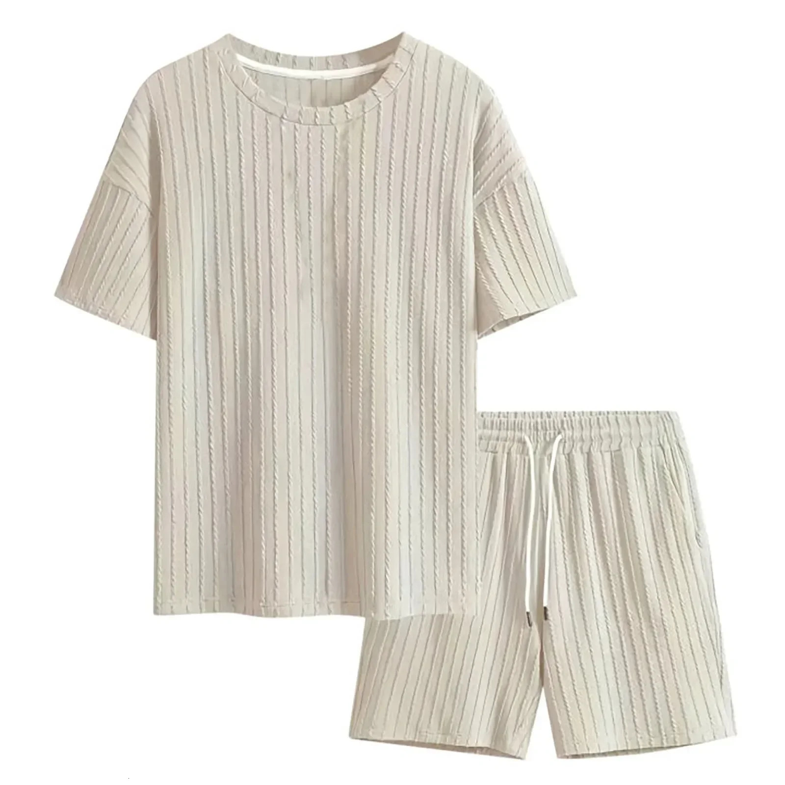 Mens Two Piece Suits Fashion Solid Stripe Short-sleeve T-shirts Shorts Men Spring Summer Clothing Casual Gym Sets Streetwear 250220