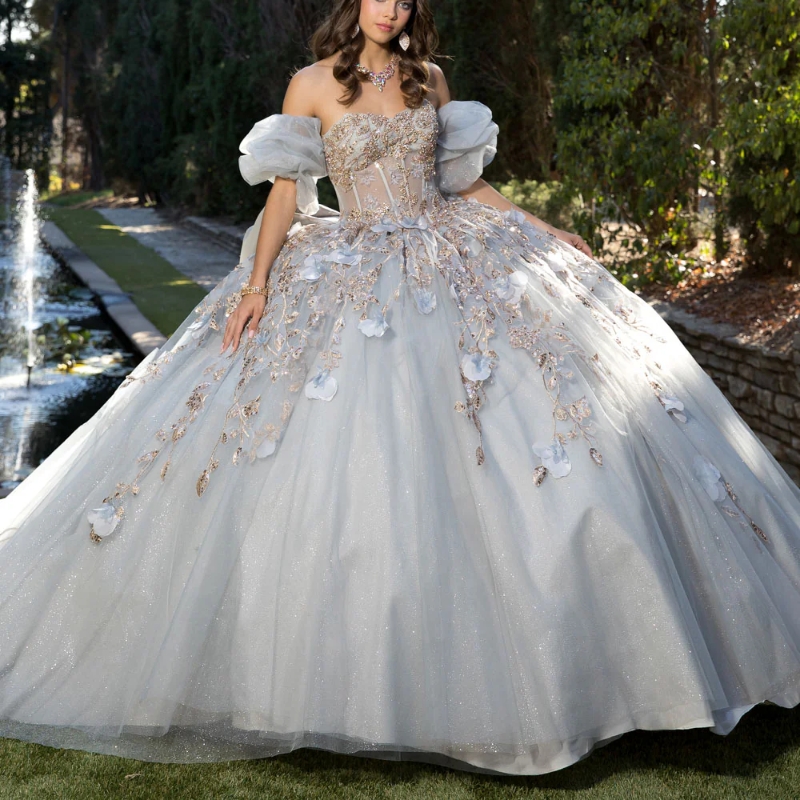 Gray Shiny Quinceanera Dresses Ball Gown Off Shoulder Appliques Flower Bow Beads Tull Corset Sweet 16 Dress Vestidos 15 de anos