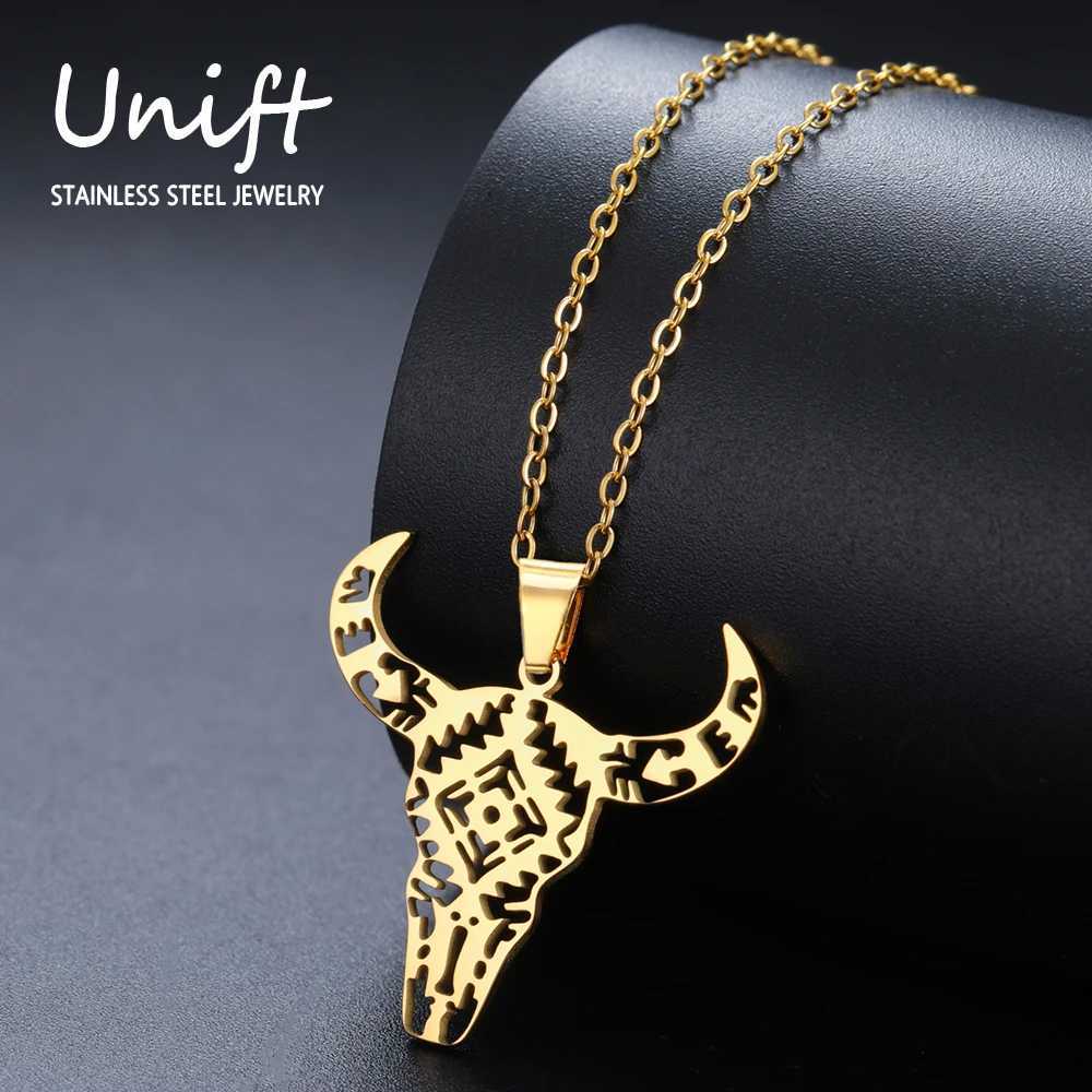 Unift Stainl Steel Bull Head Necklaces for Women Teen Strength Power Spiritual Animal Pendant Punk Hip Hop Statement JewelryXJ250219