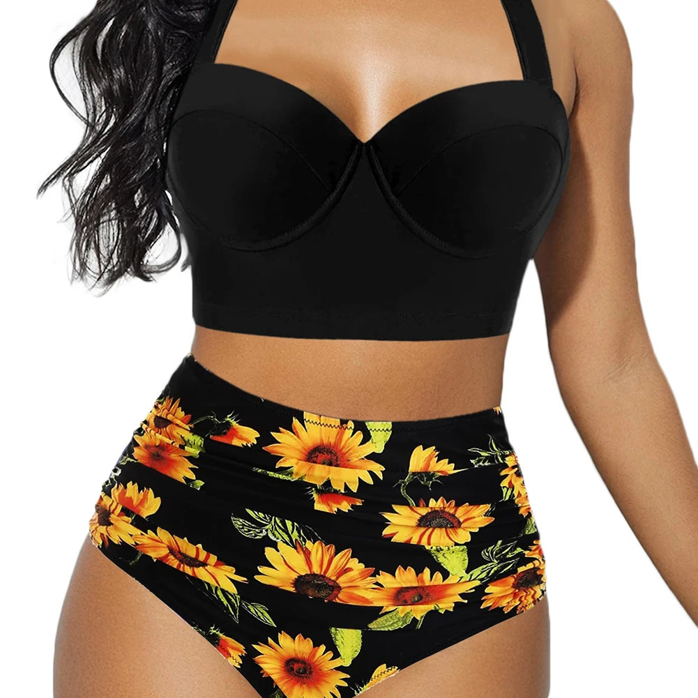 Women Push Up Bikini Set Summer Sexy Slim Flower Print Female High Waist Swimming Suits 250219