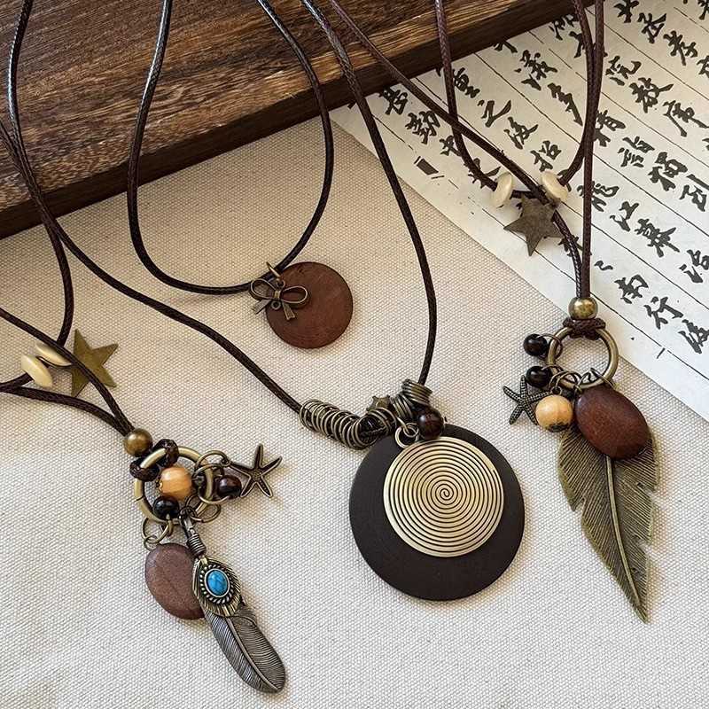 Pendant Necklaces Forest style ethnic wooden pendant necklace for women bohemian style multi-layered layered vacation style long necklace H25219