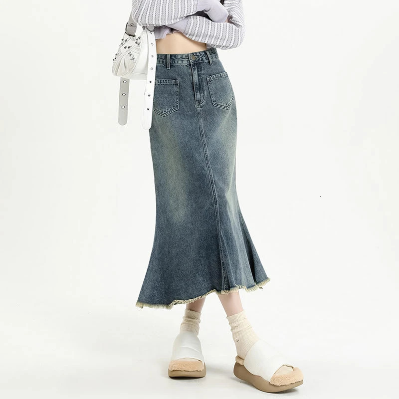 Womens high waisted retro denim leather niche n fishtail skirt medium long Aline 250220