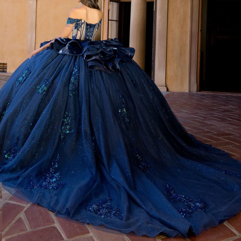 Royal Blue Shiny Quinceanera Dresses Ball Gown Off Shoulder Appliques Beading Crystal Tull Corset Sweet 16 Dress Vestidos 15 de anos