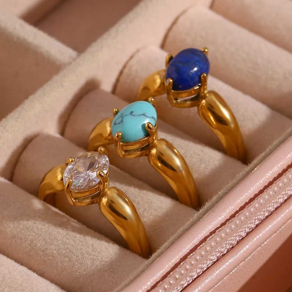 E.B. Luxury Stainless Steel Gold Plated Natural Stone Laips Turquoise Cubic Zirconia Rings For Wen stainless steel ring X250220