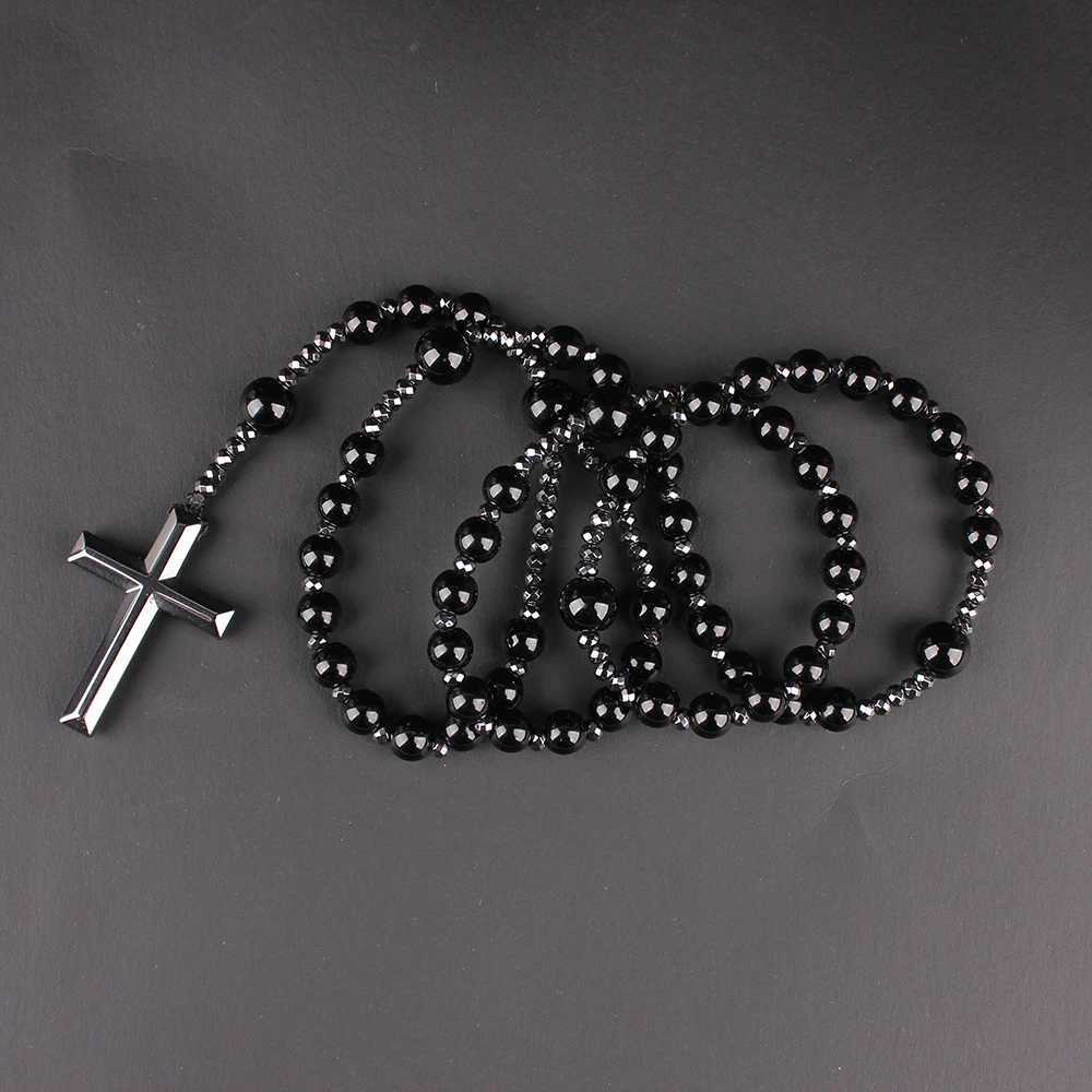 Natural Stone Tiger-eye Beads Hematite Cross Pendant Necklace for Men and Women Rosary JewelryXJ250219