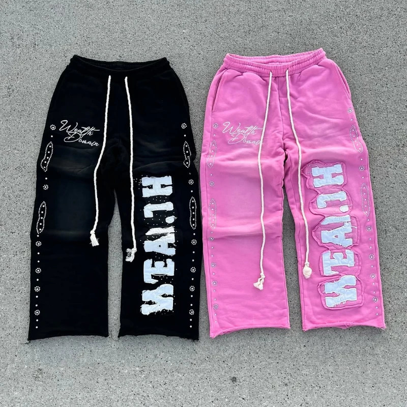 Wealth Gemstone Sweatpants Y2K Embroidered s Diamond Decoration Women Men Streetwear Retro Heavyweight Loose Casual Pants 250220