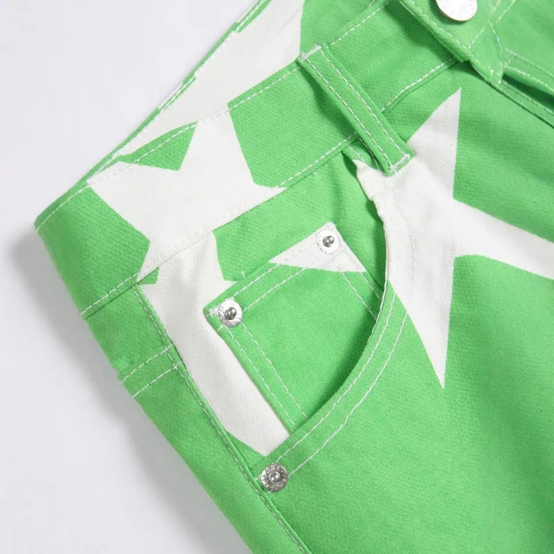 Men Stars Print Jeans Y2K Fancy Color Spliced Pants Stretch Cotton Denim Slim Straight Trousers Green 250219
