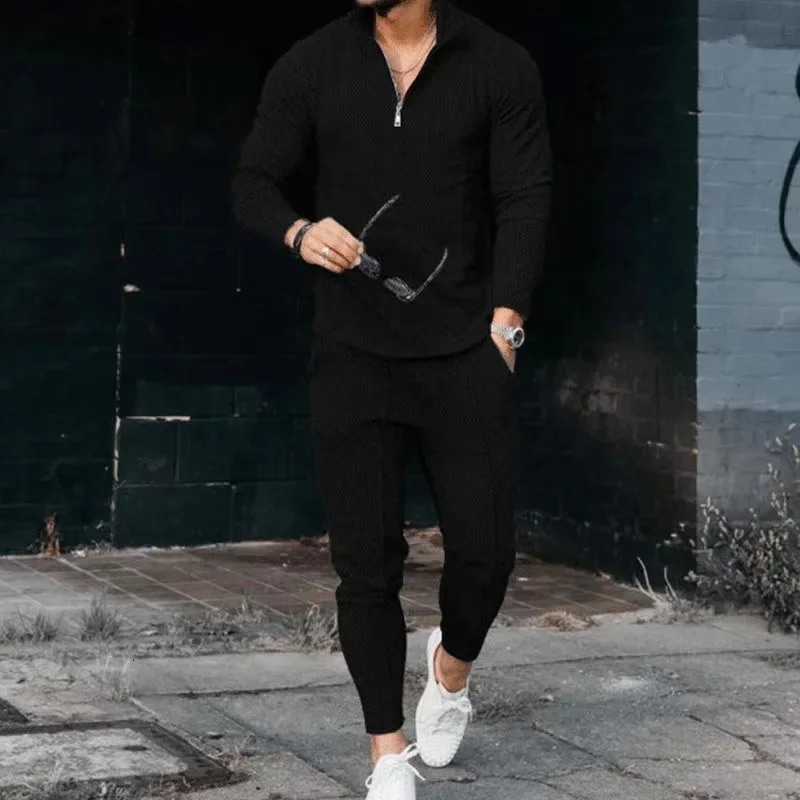 Spring Autumn Mens Tracksuit Casual Short Sleeve Zipper Polo Shirt Trousers Set for Men Casual Streetwear 2-piece Suit 250220