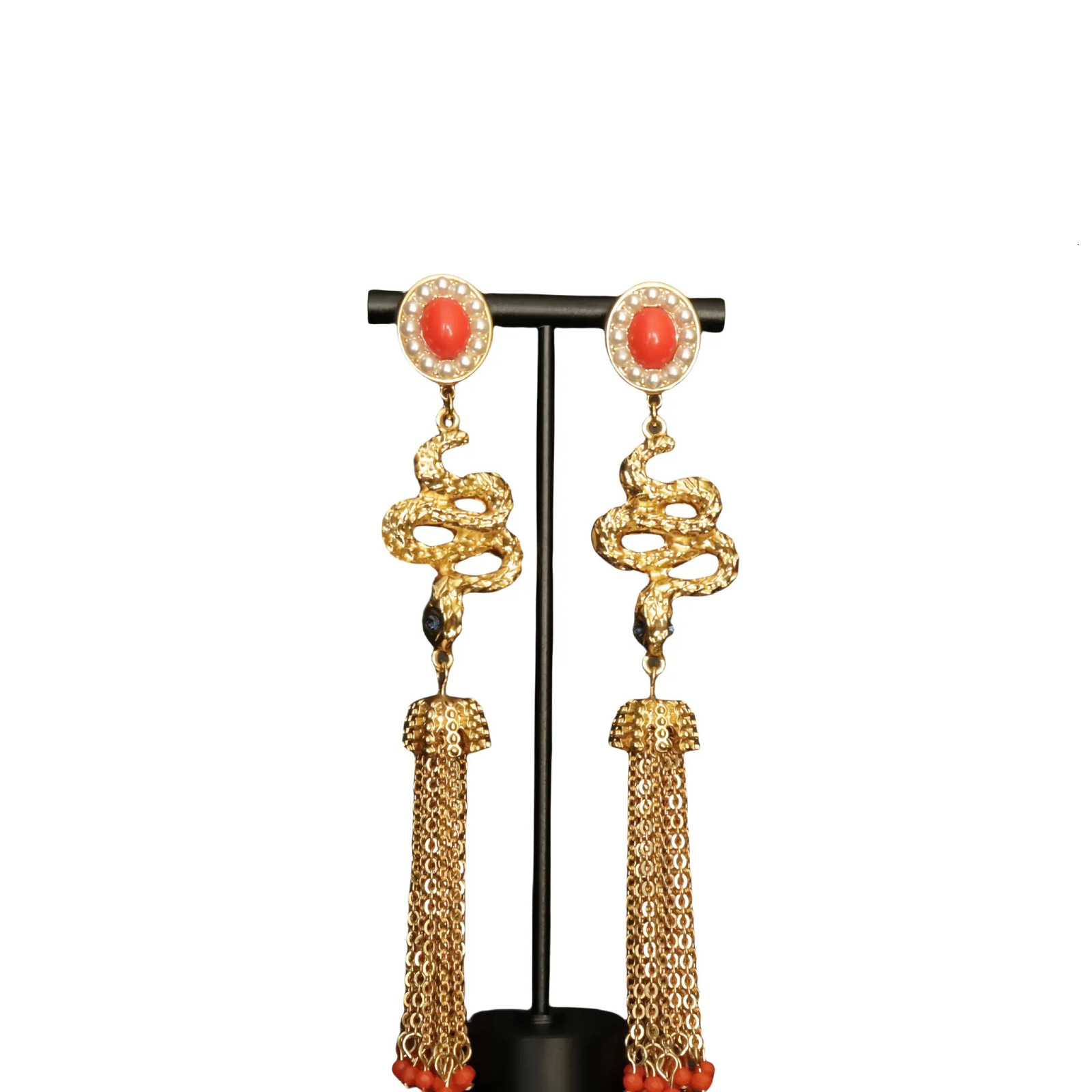 Fashion exaggerated snake tassel on stud earrings electroplated 24K gold with pearl earrings 250220
