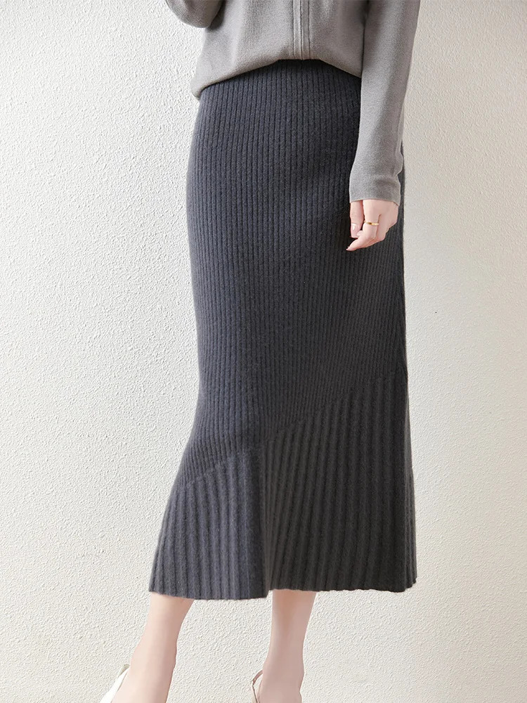Women 100 Merino Wool Skirt Fishtail Long Autumn Winter Office Lady Soft Cashmere Slim Mermaid Dress 250220