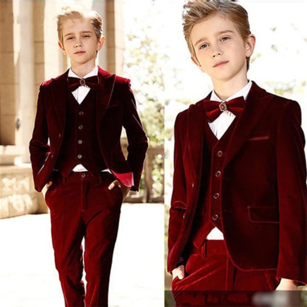 Velvet Boys Wedding Suit Kids Formal Jacket Vest Pants 3 Pcs Birthday Party Pograph Tuxedo Dress Children Performance Costume 250219