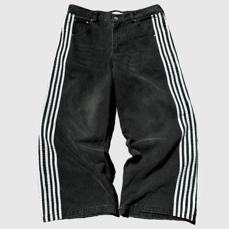 High Street Vintage striped ed highwaisted Jeans Men Women casual pants Harajuku Hip Hop baggy wideleg jeans 250219