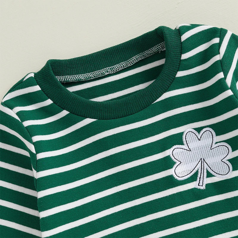 Lioraitiin 3M-3Y Toddler Baby Boy St Patricks Day Outfit Clover Embroidered Striped Long Sleeve Crewneck Sweatshirt Pants Set 250219