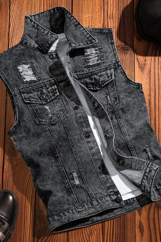Spring Autumn Men Lapel Denim Vest Mens Casual Sleeveless Jeans Jacket Male Streetwear Solid Color Waistcoat D706 250219