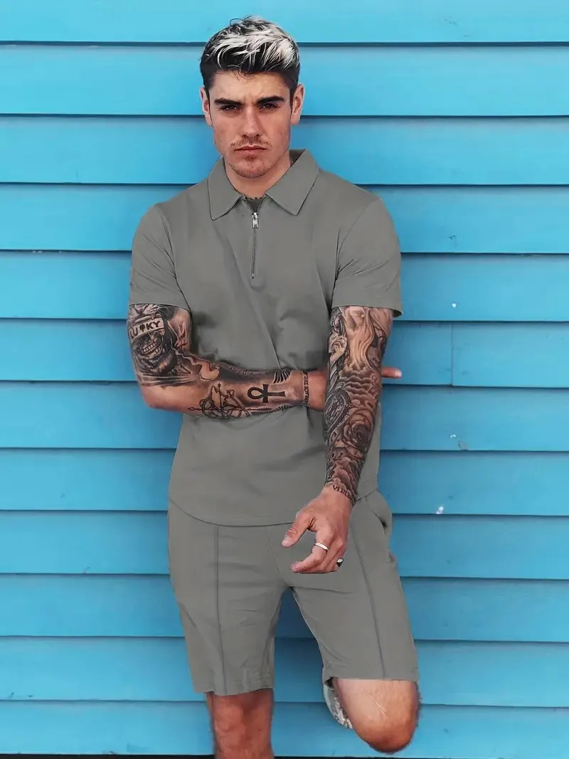 summer mens shorts set short sleeved zipper polo shirt street T-shirt two-piece set casual sportswear Hawaii/street/sportswear 250220