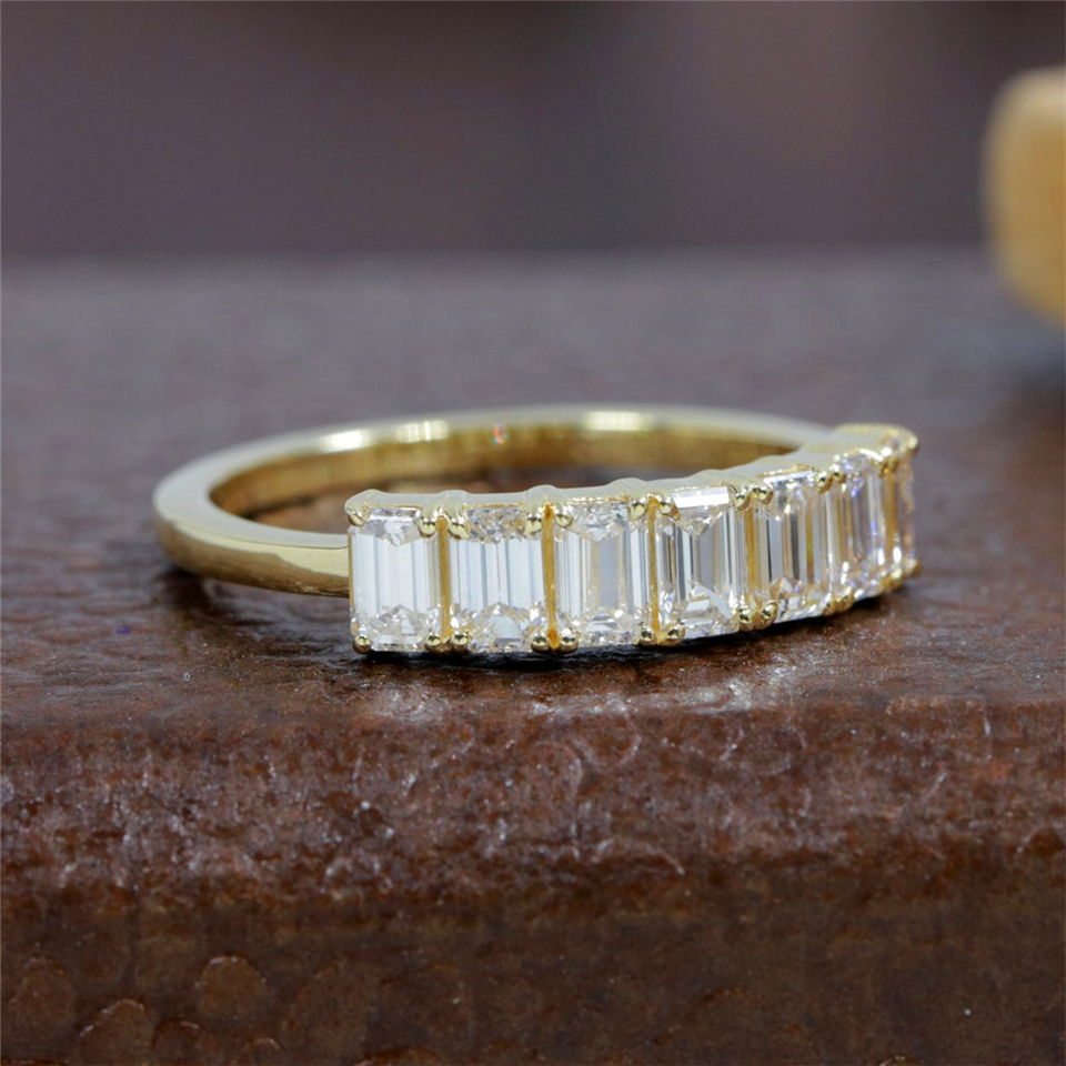 Jewelry 18K Yellow Gold 7 Stones 4*3mm Emerald Cut Lab Diamond Half Eternity Band Women Wedding Ring 14K HPHT Lab Diamond Women Ring
