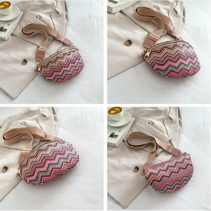 Stylish Straw Braid Fanny Packs For Women Wavy Stripe Waist Pack Ladies Contrast Colour Bag Woven Design Female Chest 250219