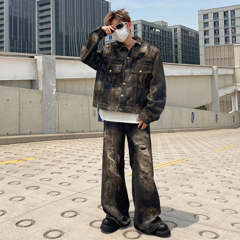 IEFB mens denim two-piece set mens suit lapel single chest jacket straight jeans 9C8911 250220