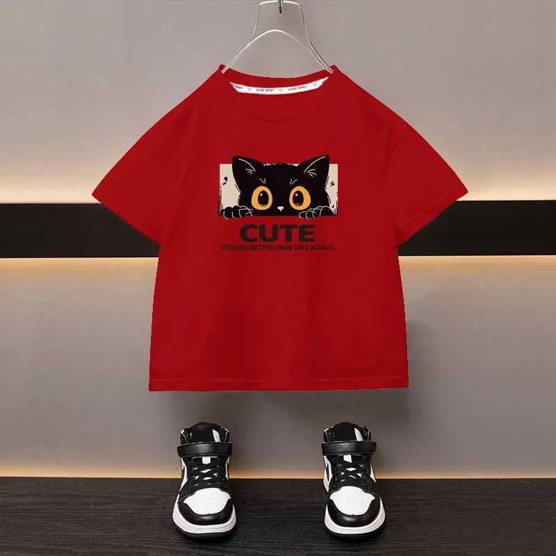 T-shirts 100% Cotton Childrens T-Shirt Japanese Cartoon Cute Cat Girl Top High Quality Boys Crew Neck Black T-Shirt Printed Clothing H250220