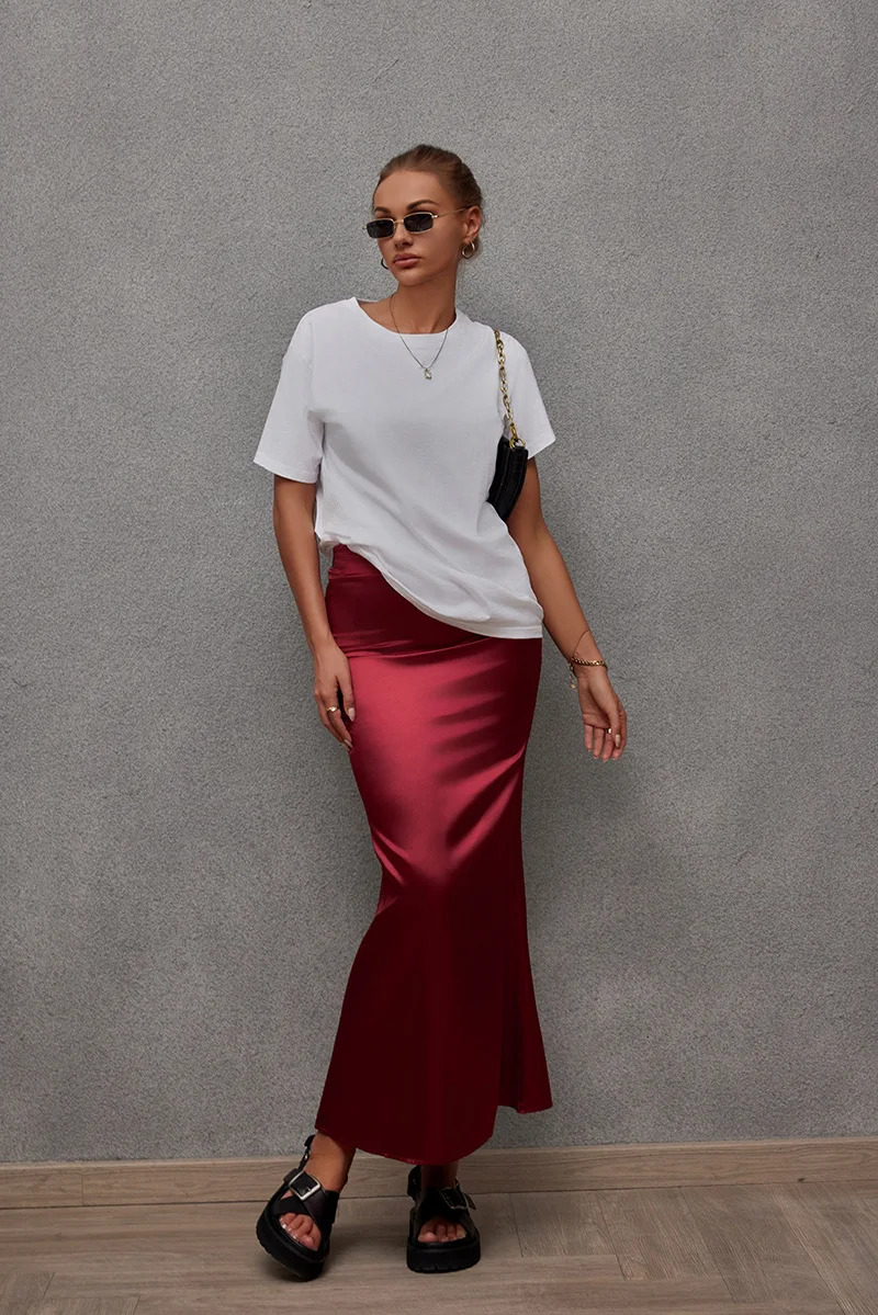 satin casual solid ultrathin long leather trend thin dress office ladies French fishtail streetwear 250220