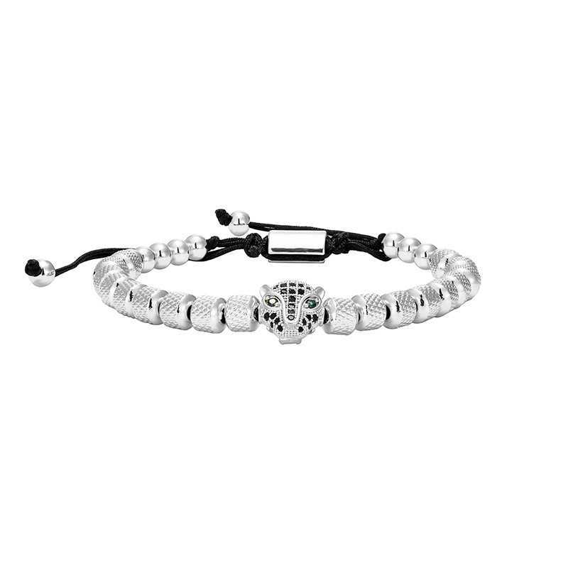 Charm Bracelets Versatile green eyed leopard head stainless steel mesh bead woven bracelet with adjustable bracelet H25220