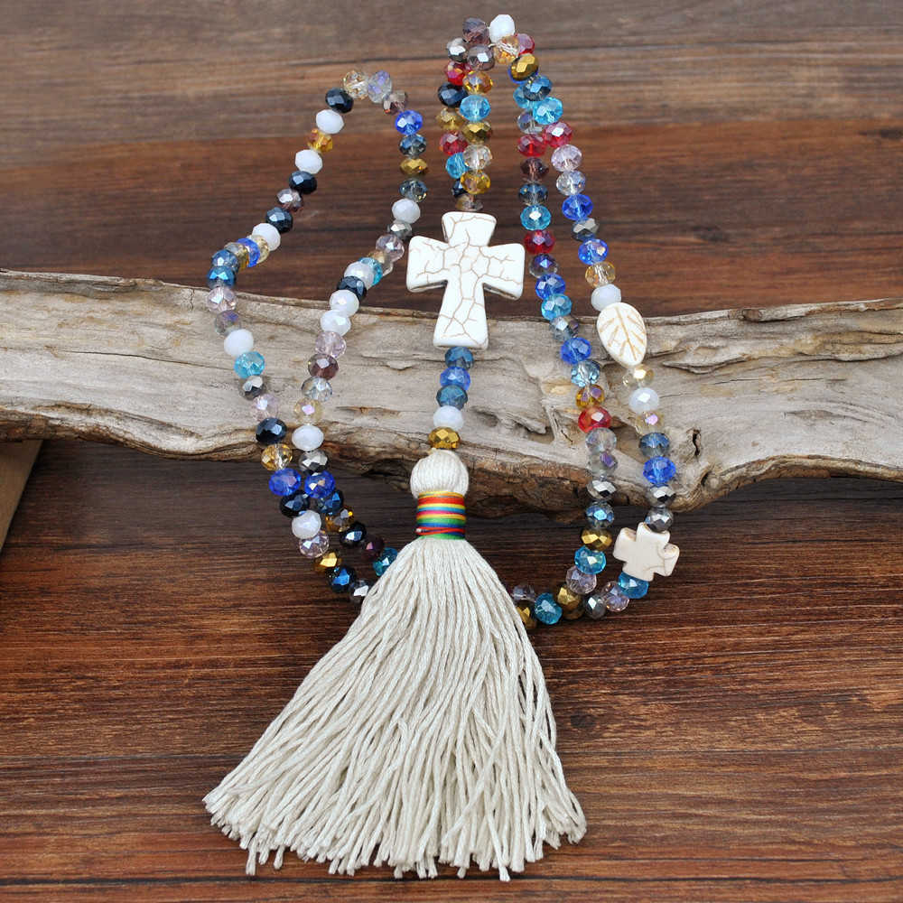 Pendant Necklaces Bohemian colored crystal necklace womens Cross tassel autumn and winter sweater chain jewelry H25219