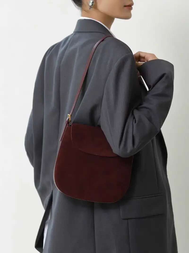 Ins Chic Designer Small Armpit Shoulder Matte Suede Cow Leather Women Crossbody Bag Thin Wine Red Daily-Use Purse