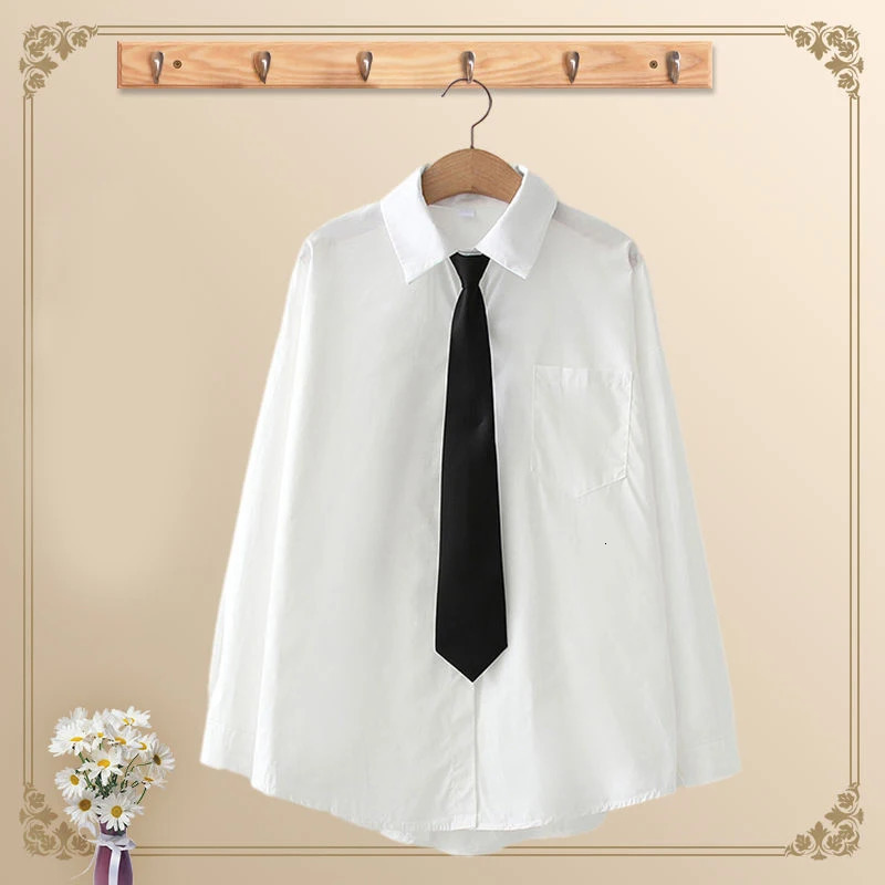 GIDYQ Women White Jk Shirts Long Sleeve Fall Student Casual Button Up Japan Black Tie Preppy Style Girls Tops 250219