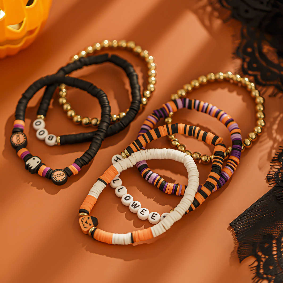 Charm Bracelets Halloween Pumpkin Soft Ceramic Bracelet Punk Alloy Letter Gothic Style Multi Layer Bracelet H25220