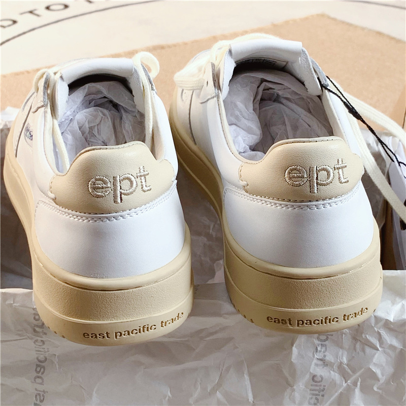 EPT Korean Blogger's Same Cowhide Designer Board Shoes, Fashionable Sports And Leisure Board Shoes, Round Toe Lace Up Women's Niche White Sh