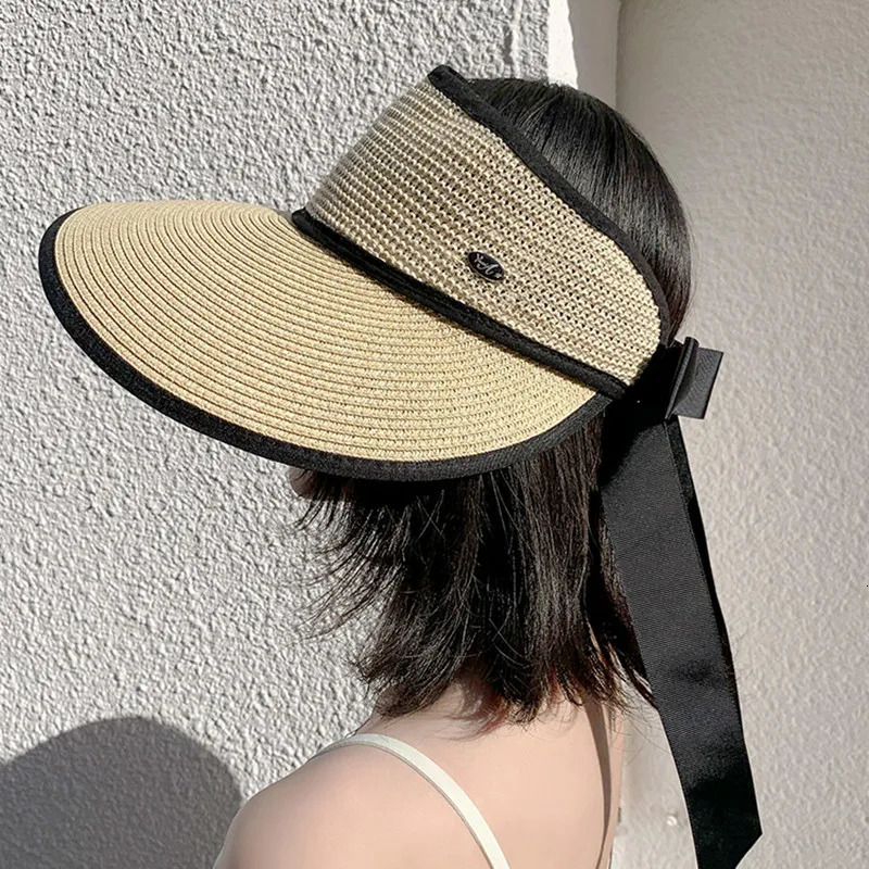 Summer Adjustable Ribbon Empty Top Straw Hats For Women Foldable Wide Large Brim Beach Hat Chapeau Femmeuv Protection Cap 250219