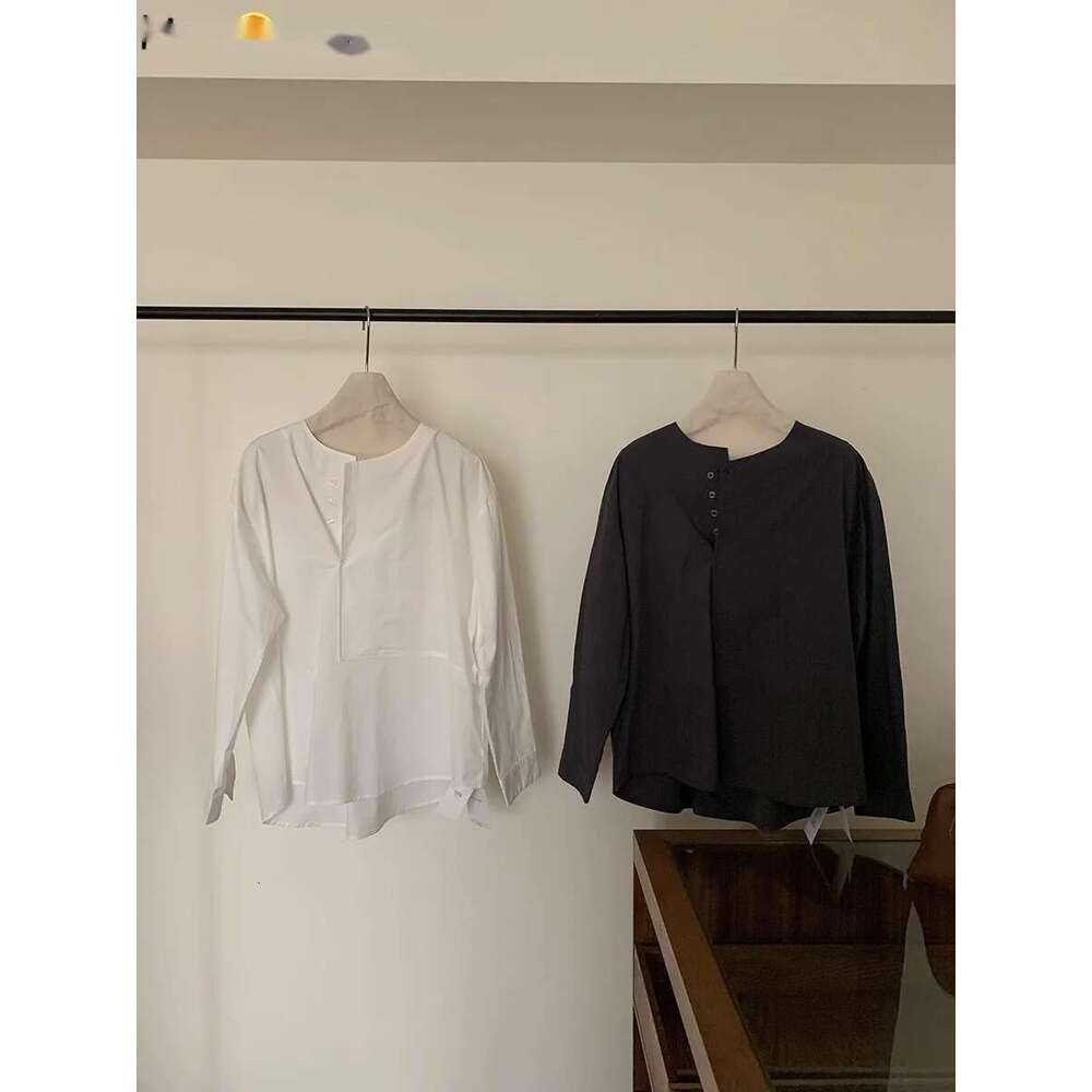 Long Sleeve Blouse Niche Design Spring Summer 2025 Round Neck Loose Fitting Shirt Women Chic Top Grey/White