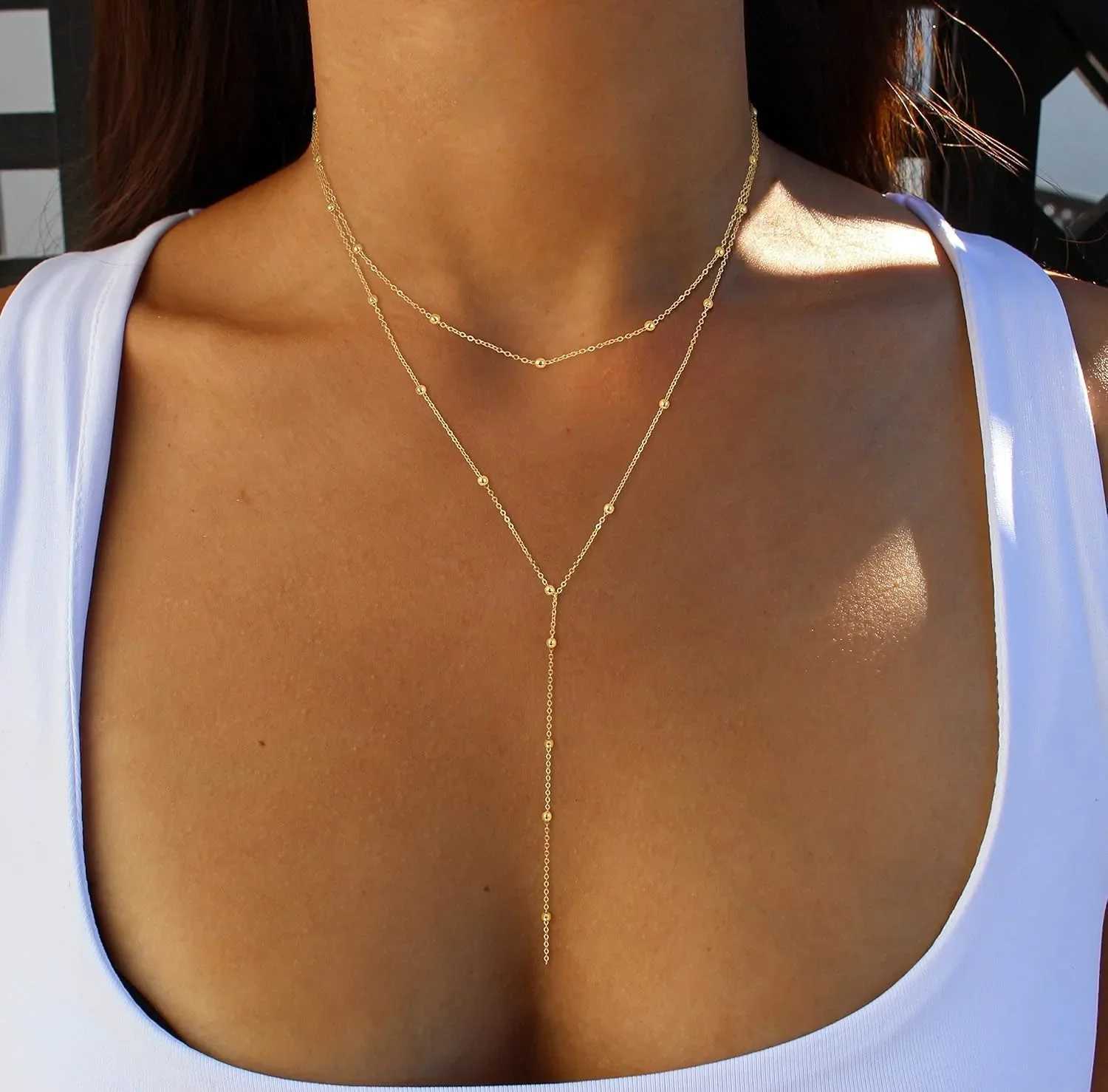 Gold Necklace for Women 14k Gold Plated/Silver Y-Shed Pendant Necklace Layered Beaded Chain Drop Necklaces For Women GiftXJ250219