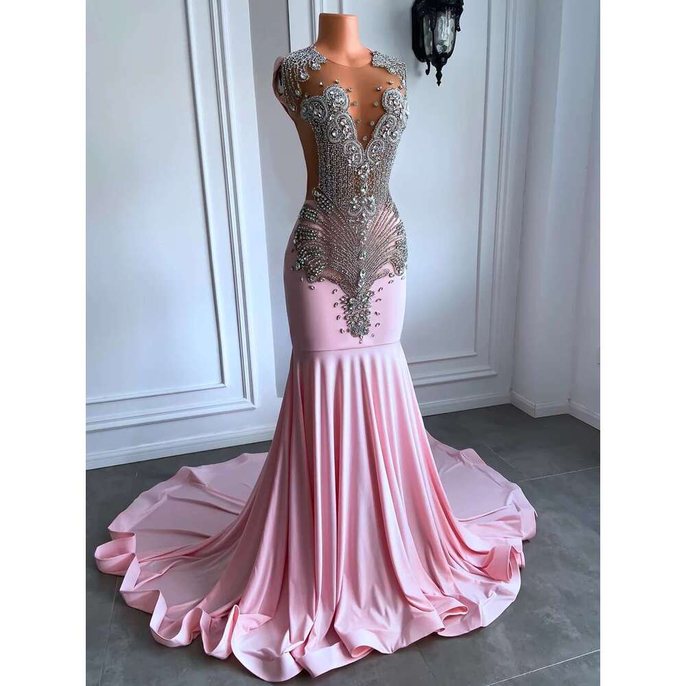 Long 2025 Mesh Transparent Top The Bright Silver Diamond Black Girls Pink Graduation Ball Gowns Formal prom Party Dresses