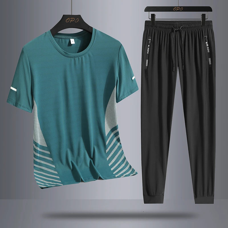 Summer round neck ice silk short sleeved Tshirt and sports pants set quick drying sweat absorption running twopiece 250220