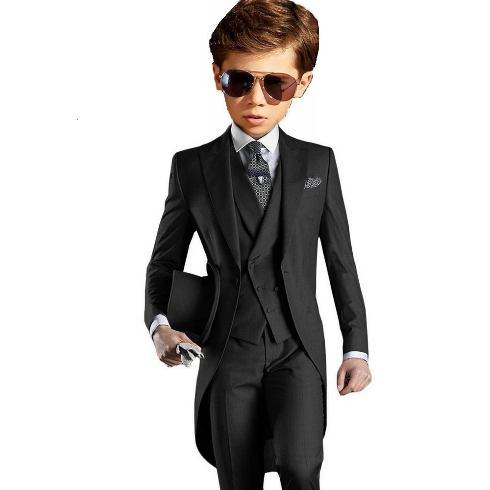 Light Grey Boys Suits Long Tuxedo Jacket Pant Vest Tailcoat 3-Piece Suit Wedding Dress Kids Formal Business Blazer 250219