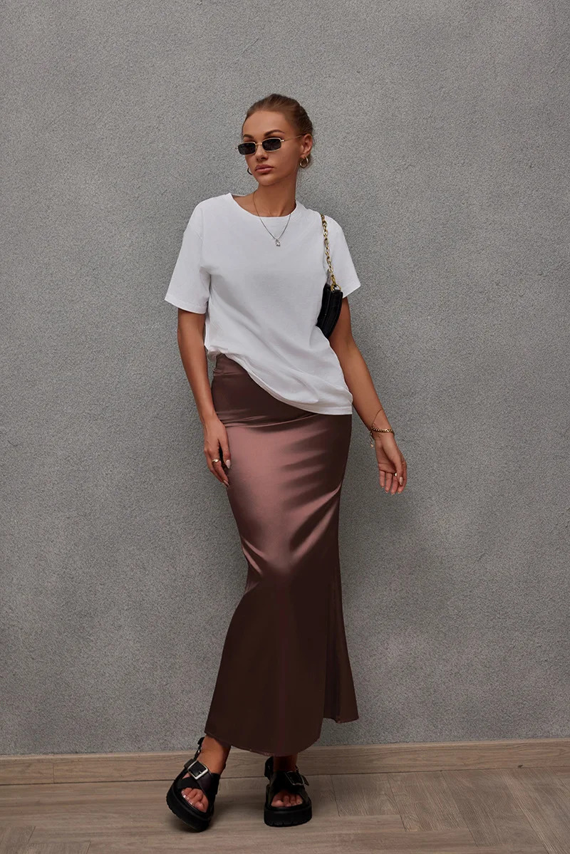 satin casual solid ultrathin long leather trend thin dress office ladies French fishtail streetwear 250220