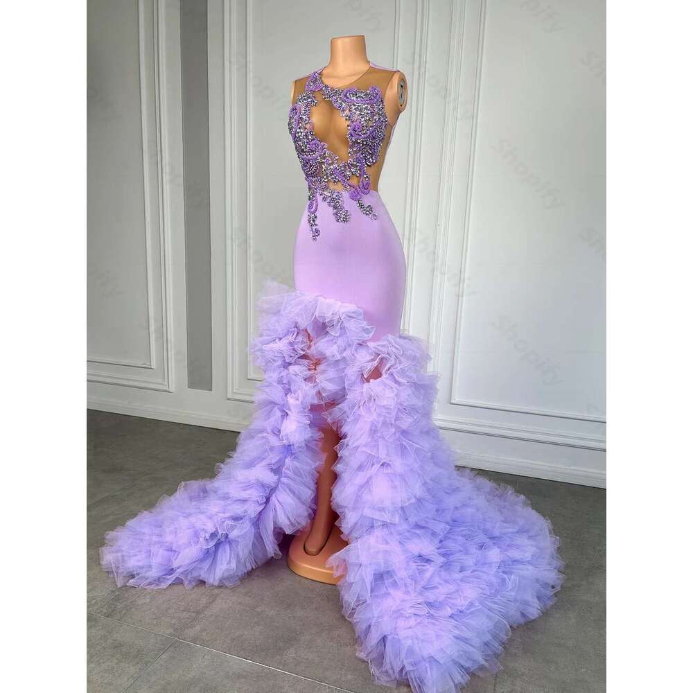 Elegant Purple Appliques Beaded Long 2025 Sexy Slit Black Girl Mermaid Prom Dresses Pleated Custom