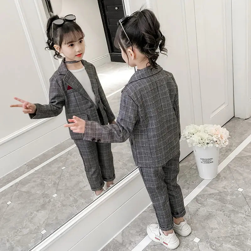 Fashion Wedding Kids Suit for Girls Formal Pant Suits for Teenagers 2PCS Blazer Set Plaid Children Blazer 4 5 7 9 11 13T 250219