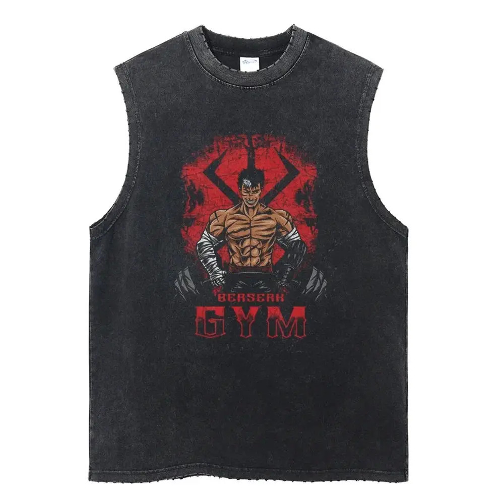 Berserk Anime Print Vest Summer Cotton Vest Mens Washed Retro Sleeveless T-Shirt Ins 250219