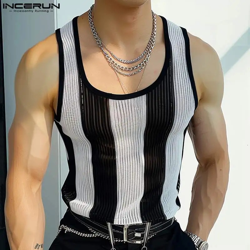 INCERUN Men Tank Tops Summer Sleeveless Fashion Transparent Tops Tee Men Clothing Streetwear Striped Chemise Oversized S-5XL 250219
