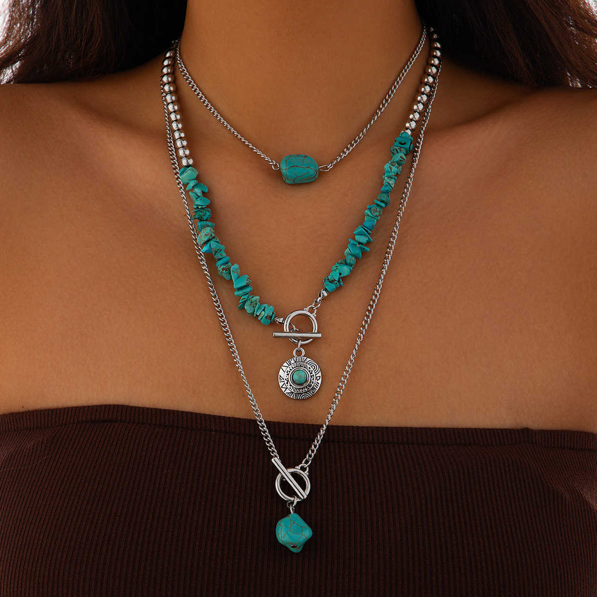 Pendant Necklaces Jewelry bead geometric turquoise collarbone chain casual style multi-layer Bohemian necklace H25219