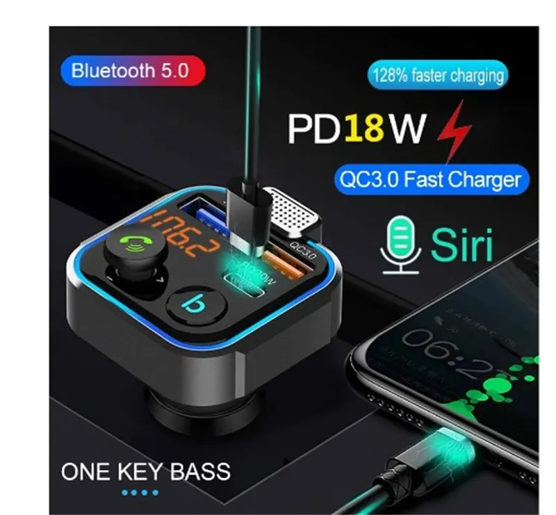 P5 Car Bluetooth 5.0 FM Transmitter One Key Bass Mp3 Player Large Microphone USB Music Play USB QC3.0 PD20W Quick Charger