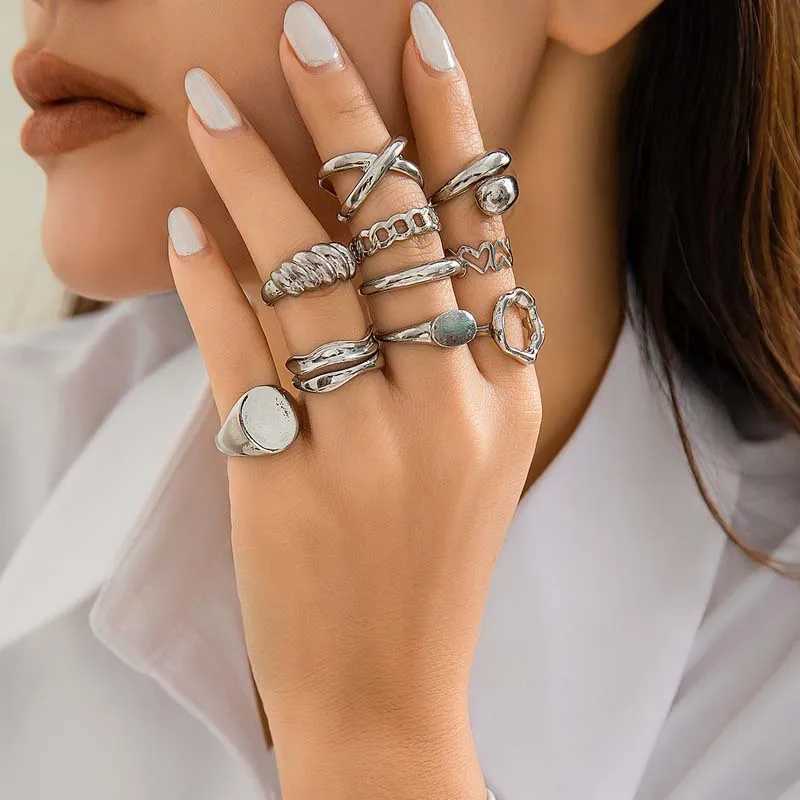 10Pcs/Set Trendy Gold Color Geetric Cuff Rings Set for Wen Fashion Metal Geetric Adjustable Finger Ring Jewelry 2024 New X250220