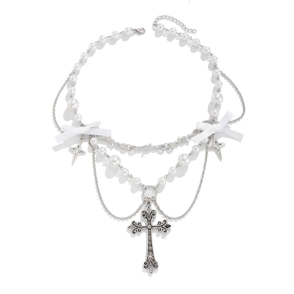 Jewelry Cross Metallic Bow Necklace Small Fresh Alloy Imitation Pearl Clavicle Chain