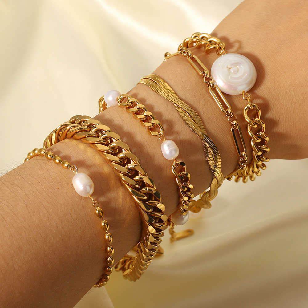 Charm Bracelets Cuban chain double-layer flat snake chain pearl style beach style gold-plated shell OT buckle cross bracelet H25220
