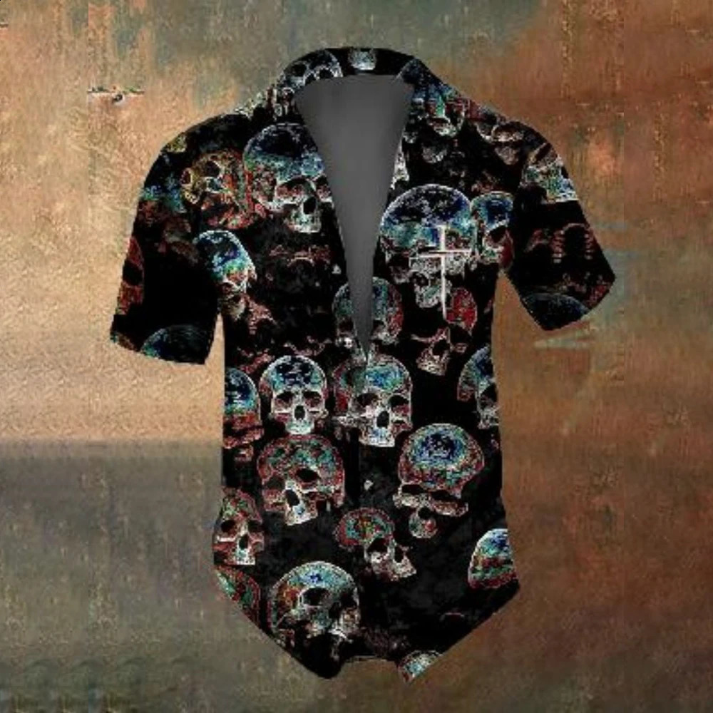Summer Retro Flower Skull Pattern Mens Short Sleeved Shirt Fashion Street Trend Horror Party Men Oversized TShirt 250220