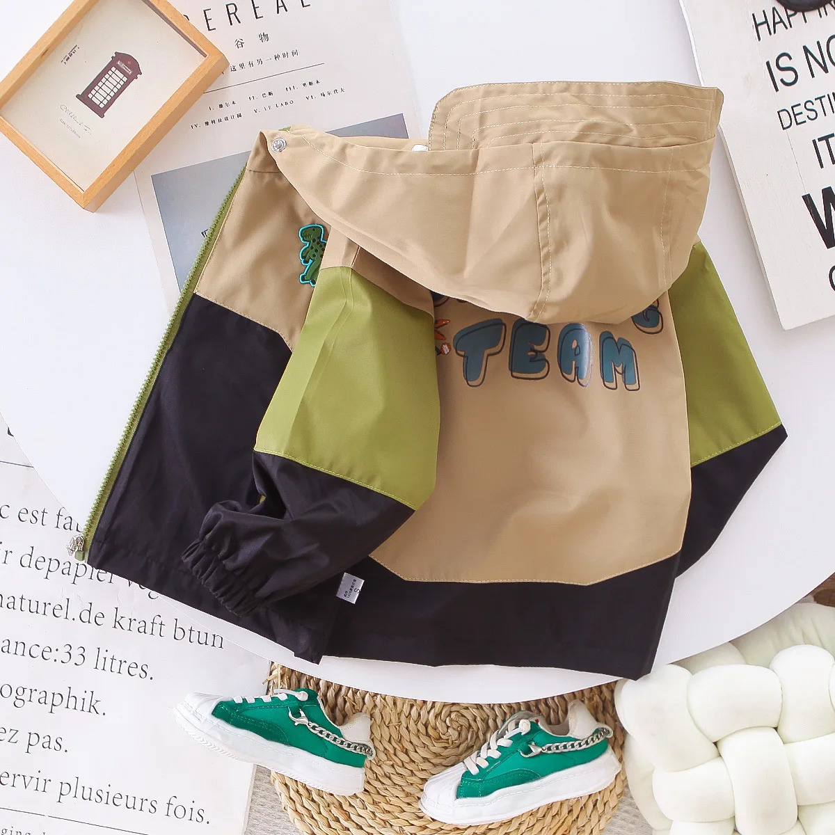 Spring Autumn Childrens Boys Hooded Jacket Handsome Kids Contrast Letter Spliced Toddler Coat 250117