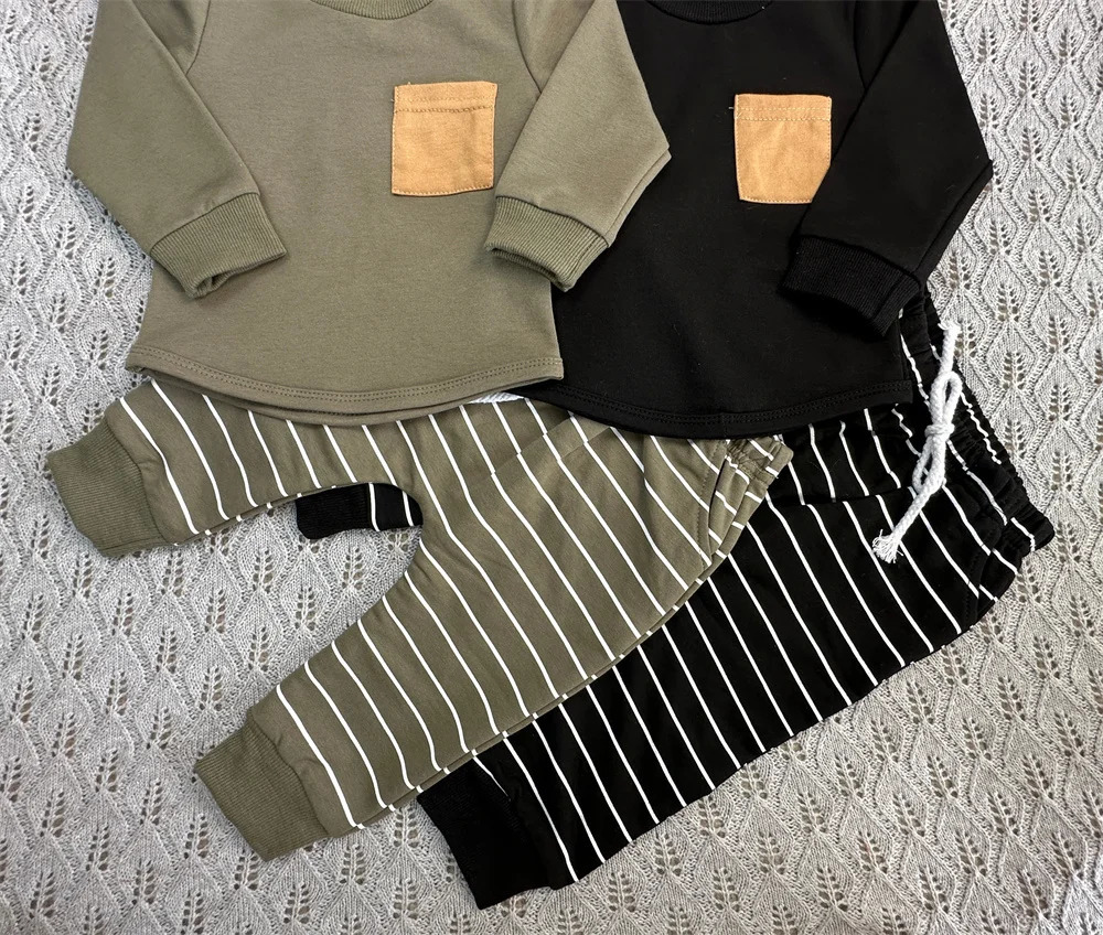 0-3Yrs Baby Boys Striped Clothes Outfits Cotton Long Sleeve Sweatshirts Tops Pants 2Pcs Spring Autumn Infant Boys Clothing Suits 250219